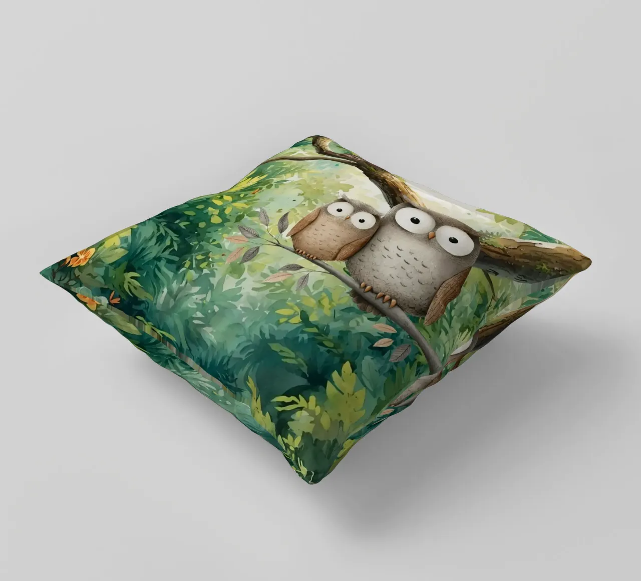 Momento di tenerezza per i gufi in Tropical Haven cuscino da Doodle Dreams Art