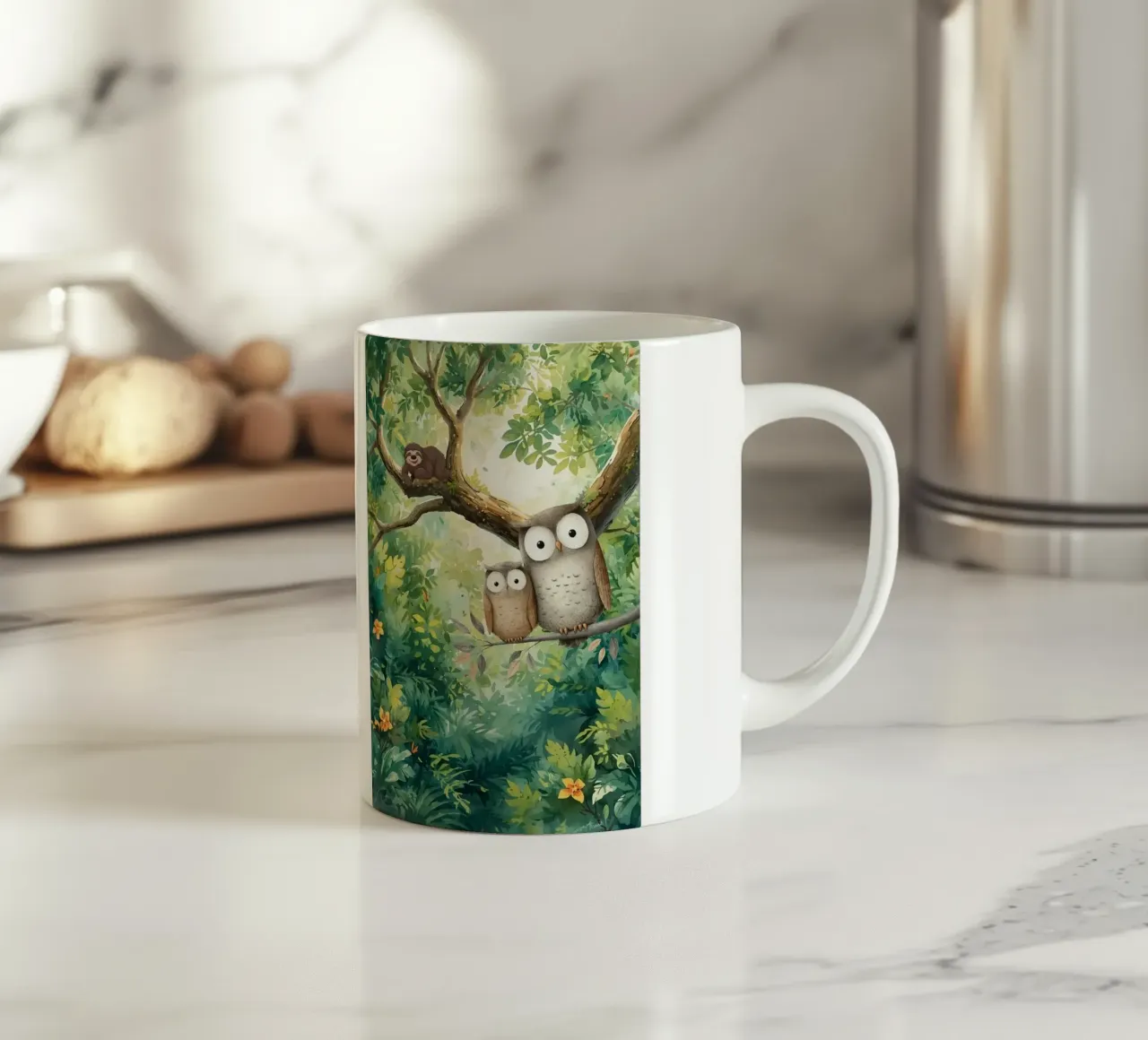 Momento di tenerezza per i gufi in Tropical Haven tazza in ceramica da Doodle Dreams Art