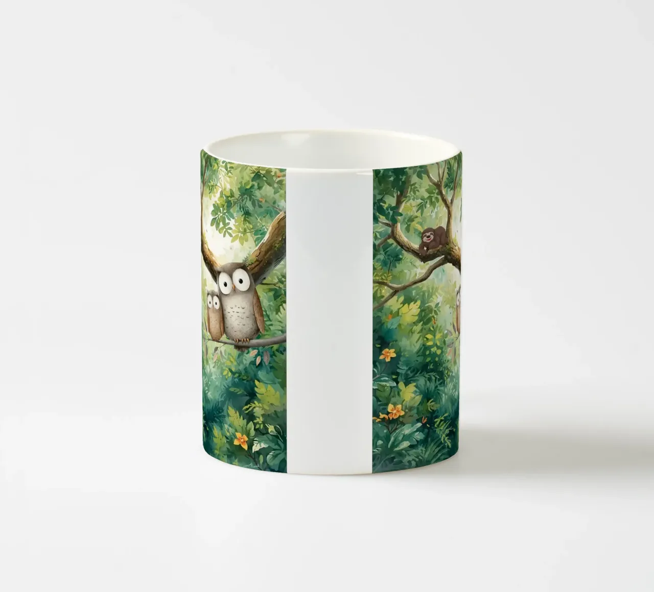 Momento di tenerezza per i gufi in Tropical Haven tazza in ceramica da Doodle Dreams Art