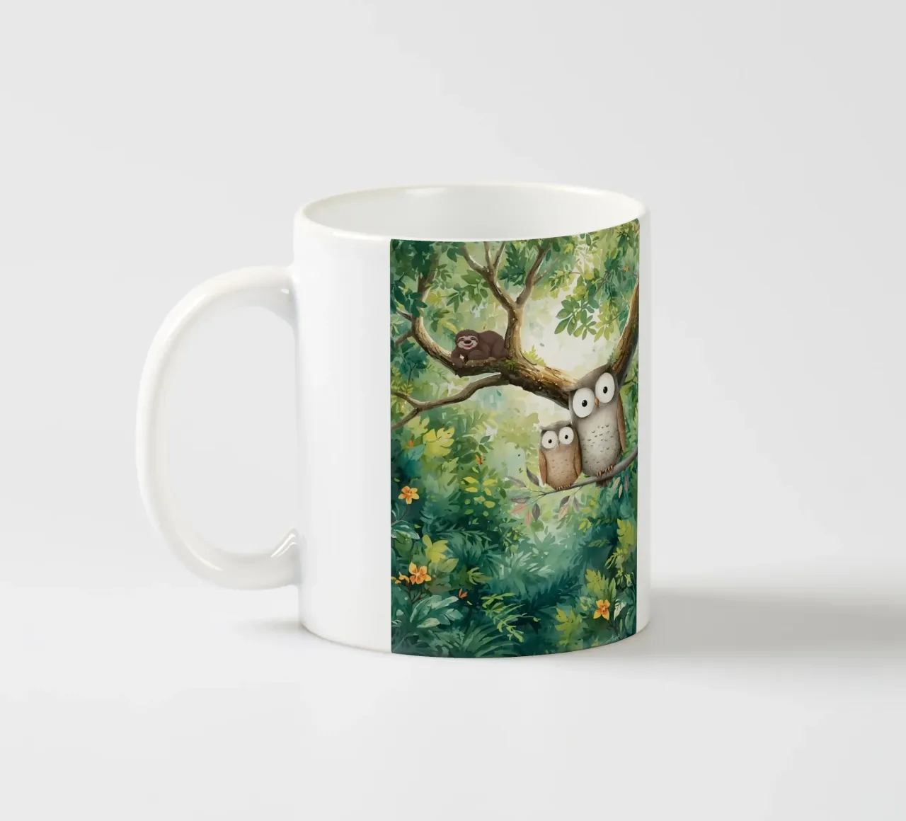 Momento di tenerezza per i gufi in Tropical Haven tazza in ceramica da Doodle Dreams Art