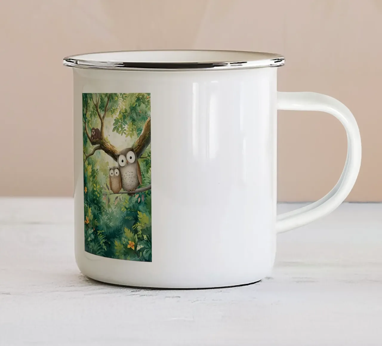 Momento di tenerezza per i gufi in Tropical Haven tazza in smalto da Doodle Dreams Art