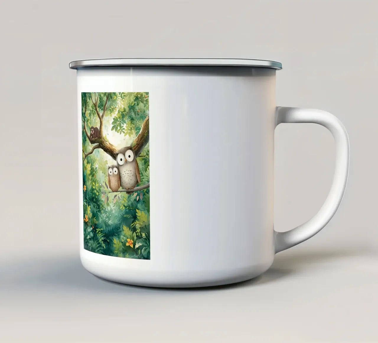 Momento di tenerezza per i gufi in Tropical Haven tazza in smalto da Doodle Dreams Art