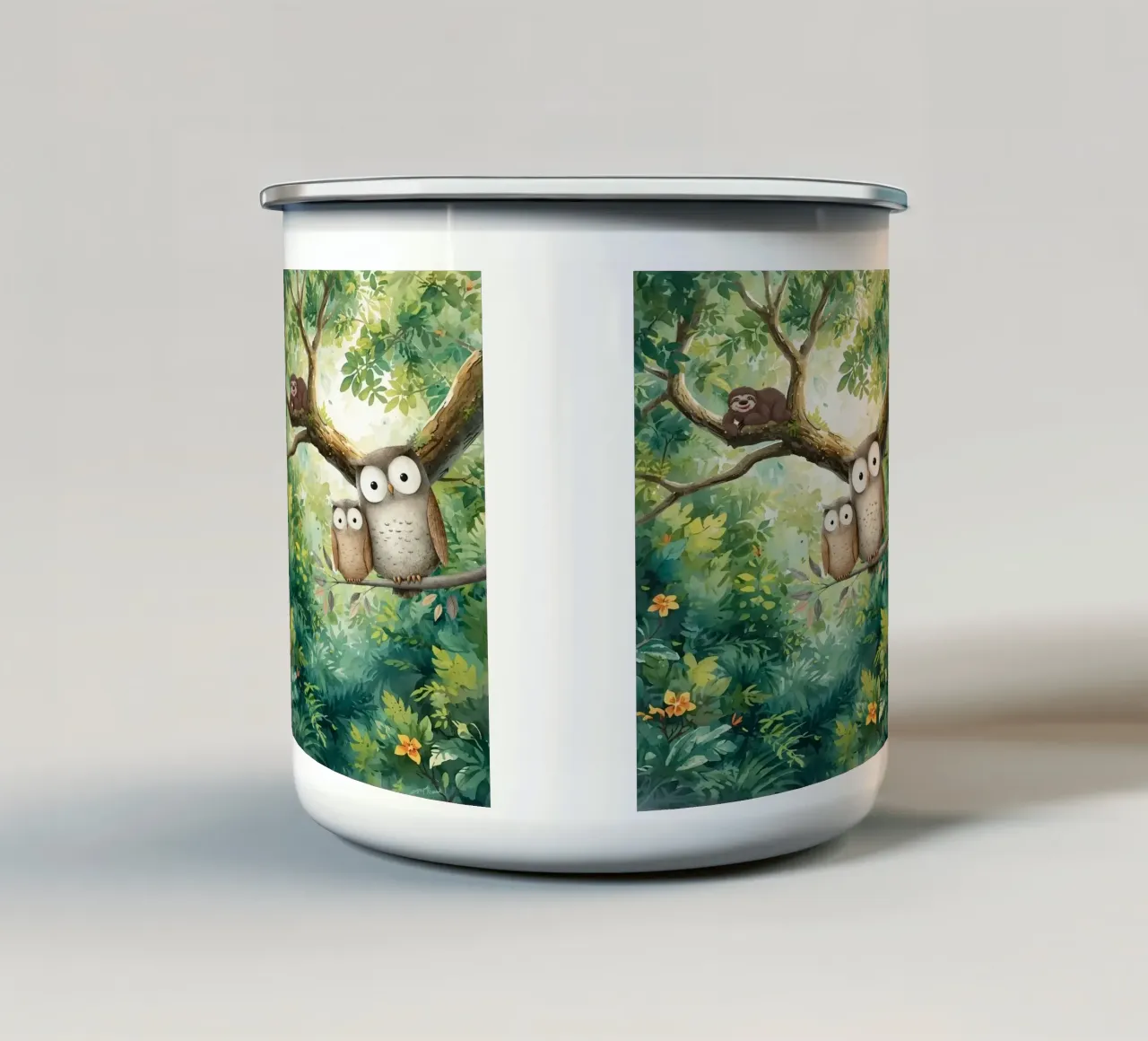Momento di tenerezza per i gufi in Tropical Haven tazza in smalto da Doodle Dreams Art