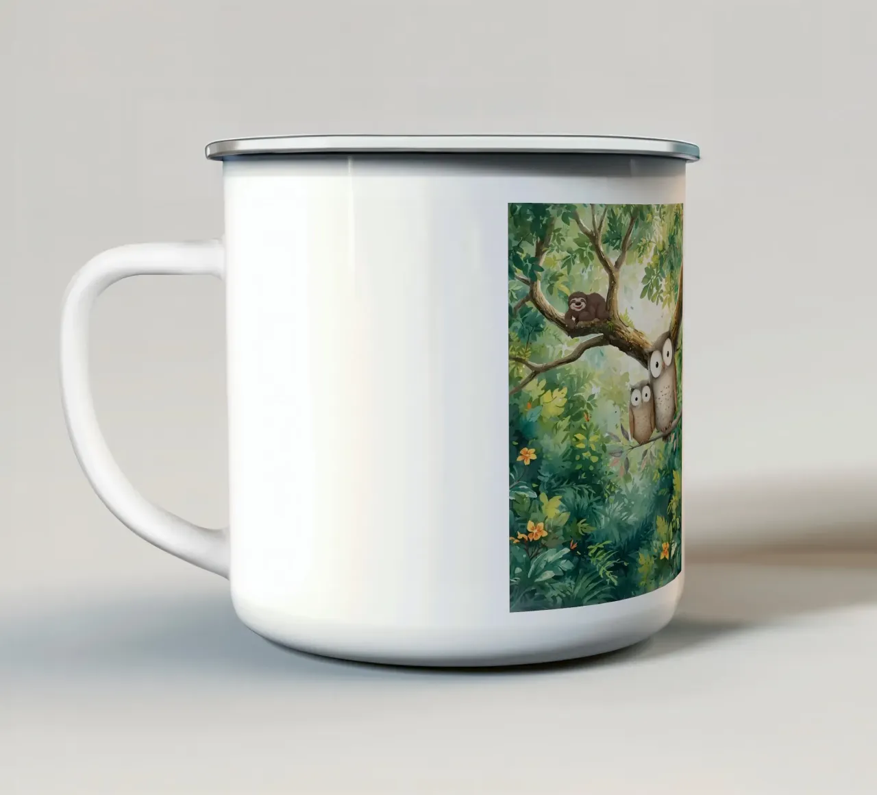 Momento di tenerezza per i gufi in Tropical Haven tazza in smalto da Doodle Dreams Art