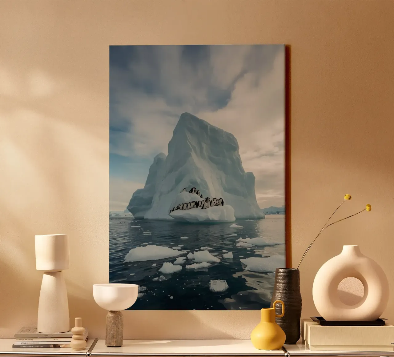 Pinguini su un iceberg in acque fredde tela da DesignDoodle