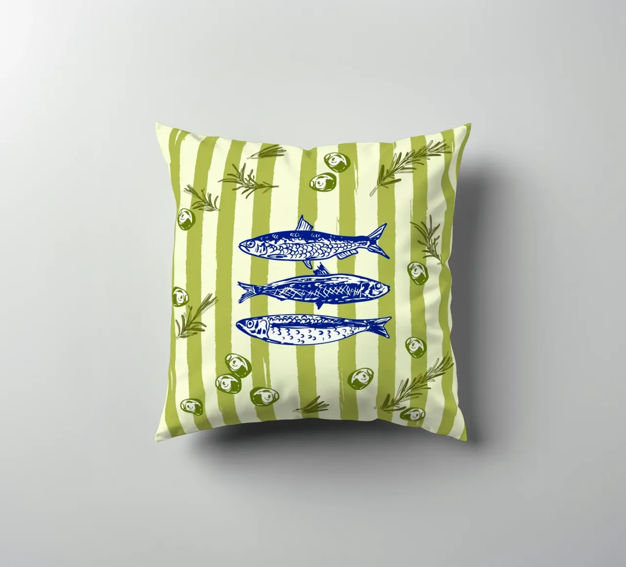 Sarde con olive ed erbe aromatiche Retro Vintage cuscino da EDMPROJECT