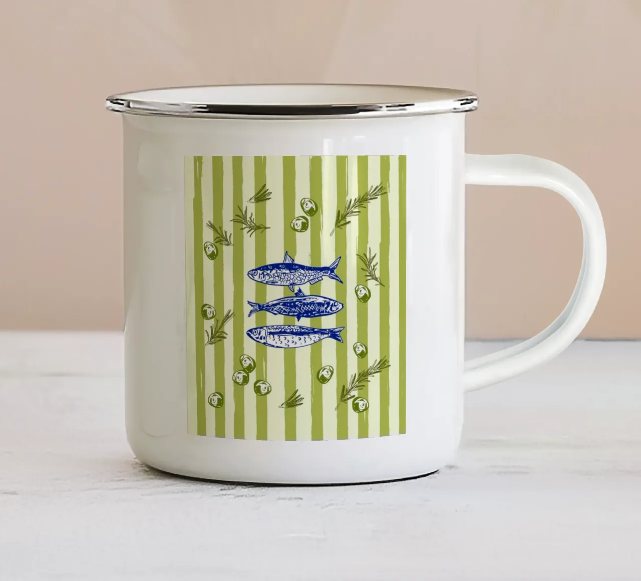 Sarde con olive ed erbe aromatiche Retro Vintage tazza in smalto da EDMPROJECT