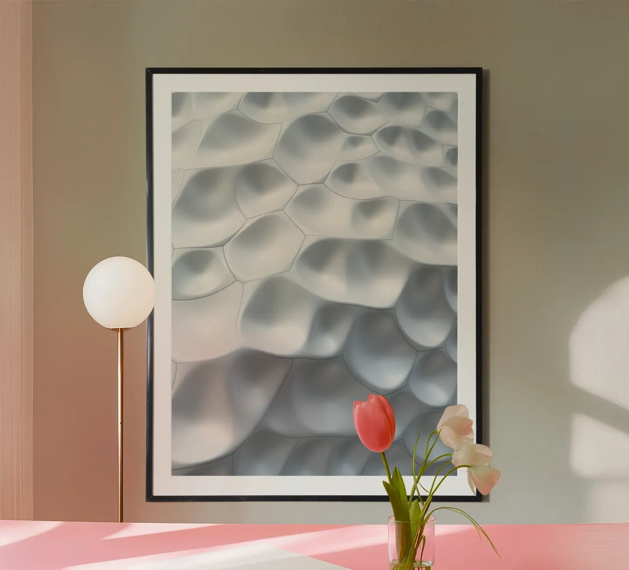 Schimmernde weiße Ovale: Eine abstrakte biomorphe 3D-Wand Hahnemühle von Artistic-shop