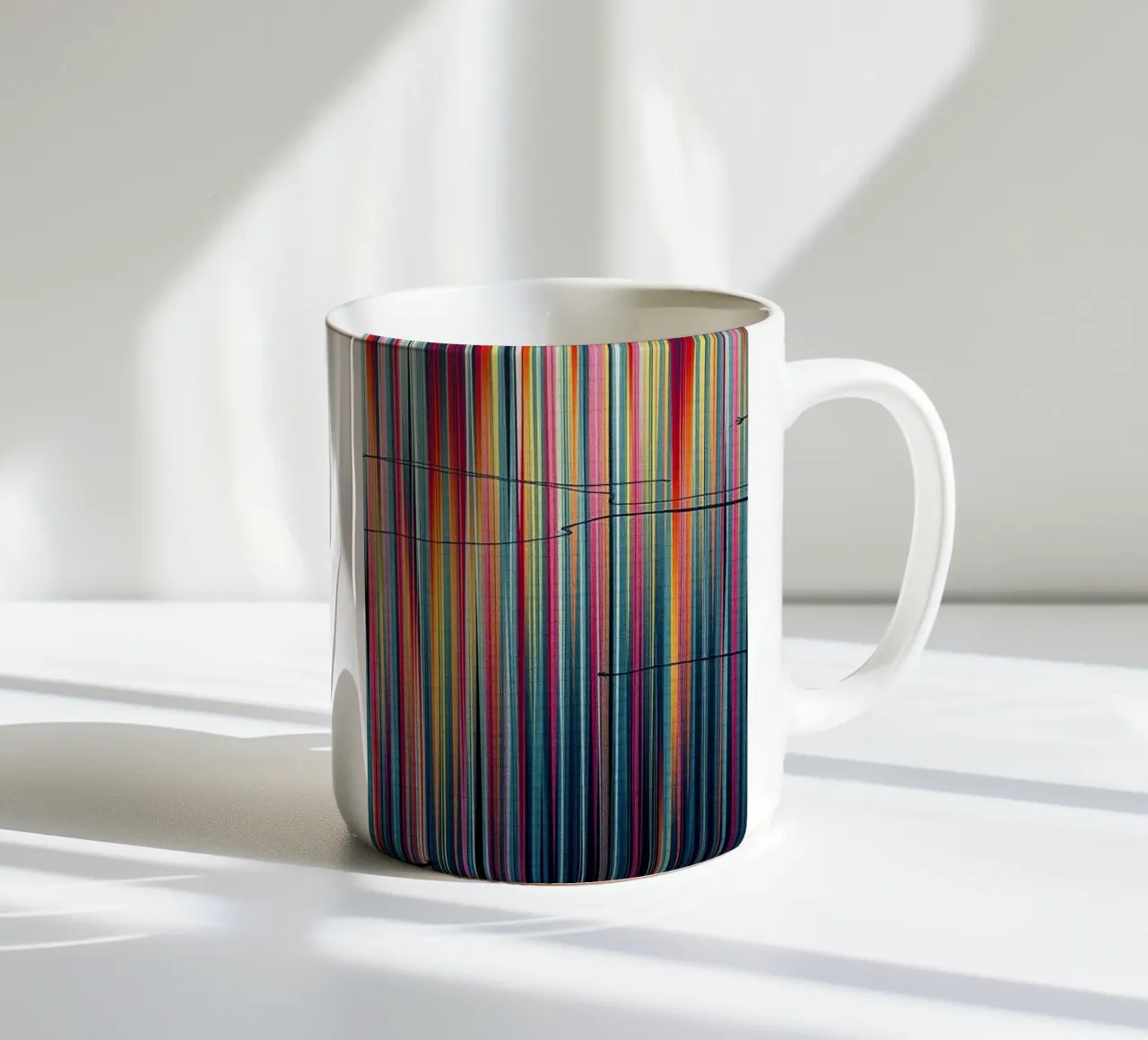 Spettro vibrante: Un'arte moderna astratta a linee verticali tazza in ceramica da Artistic-shop