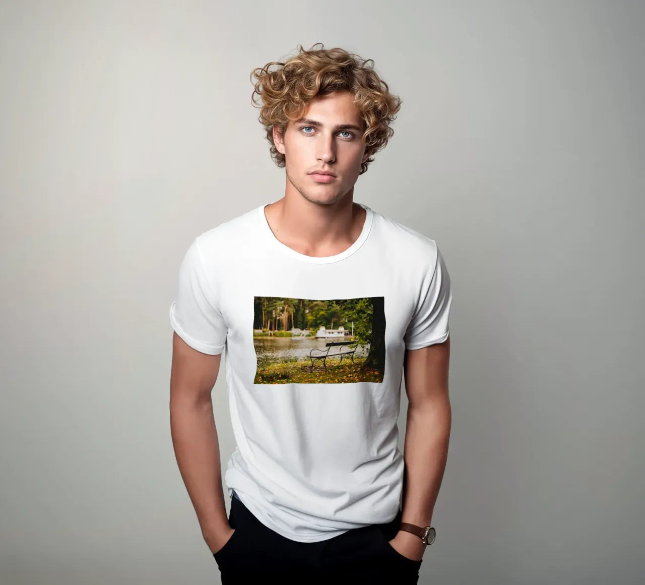 Banc dans un paysage automnal au bord d'un lac de forêt t-shirt de Bold and Retro