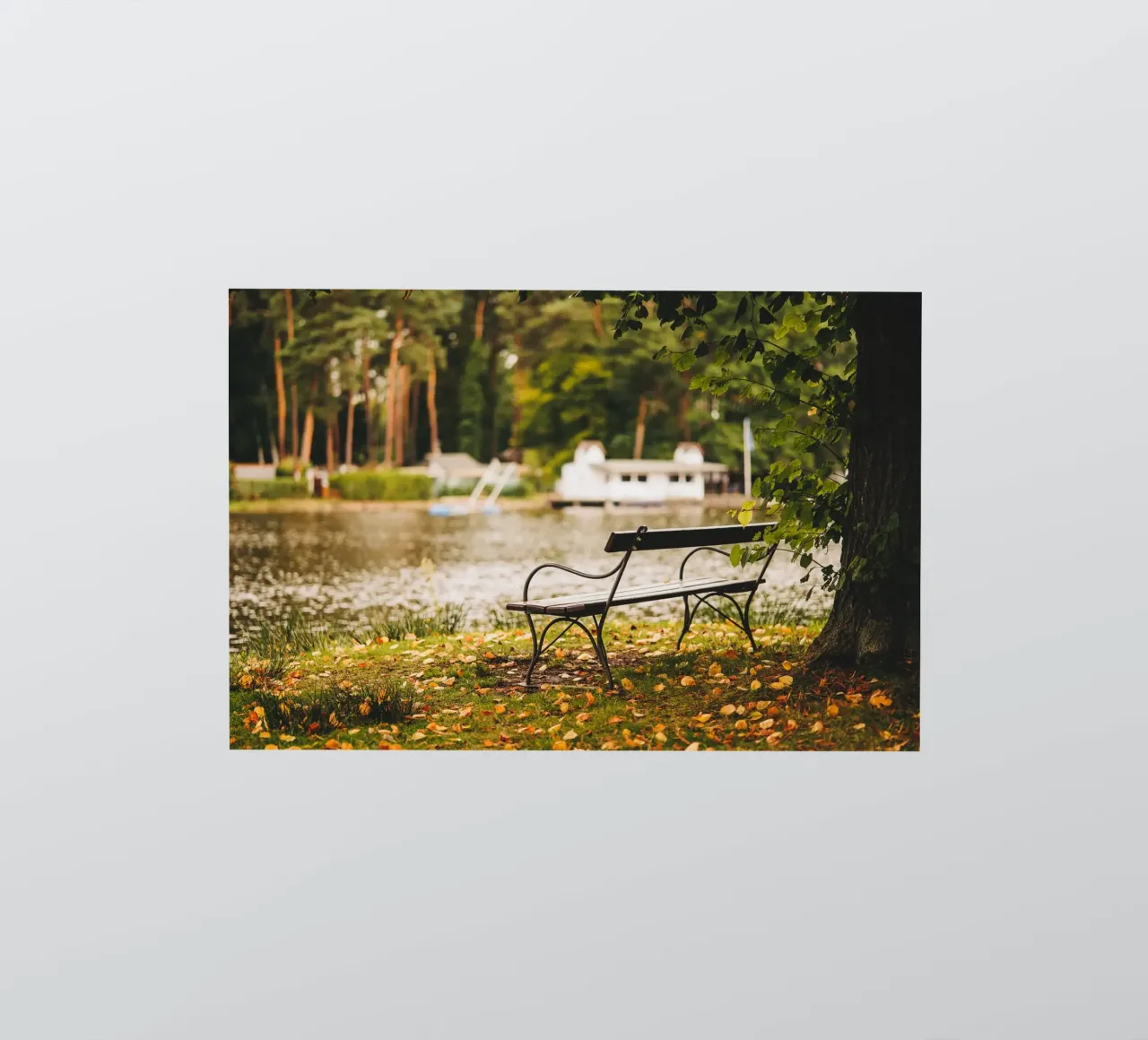 Banc dans un paysage automnal au bord d'un lac de forêt autocollant de Bold and Retro