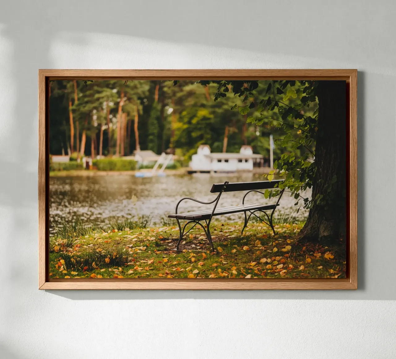 Banc dans un paysage automnal au bord d'un lac de forêt alu dibond de Bold and Retro