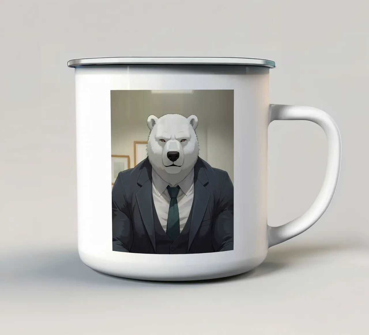 Orso polare in tuta con caffè tazza in smalto da DesignDoodle