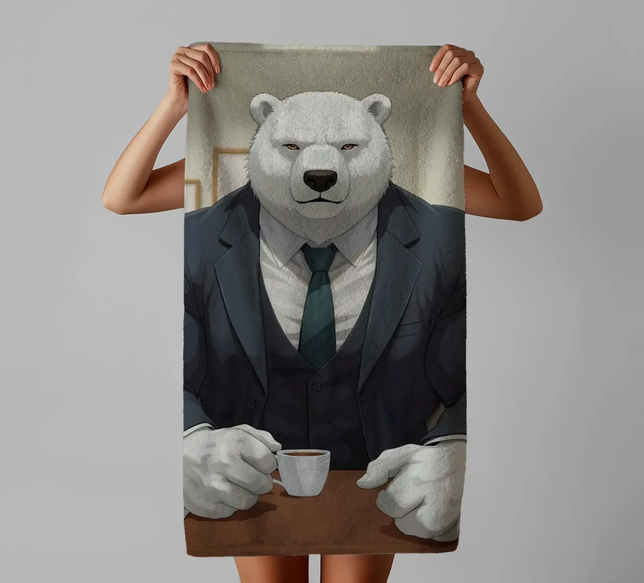 Orso polare in tuta con caffè asciugamano da bagno da DesignDoodle