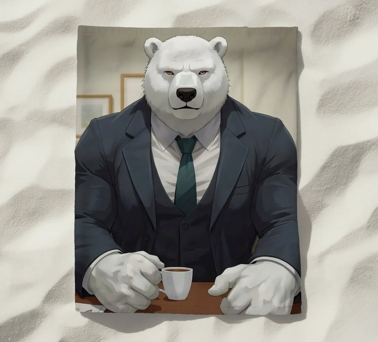 Orso polare in tuta con caffè telo mare da DesignDoodle