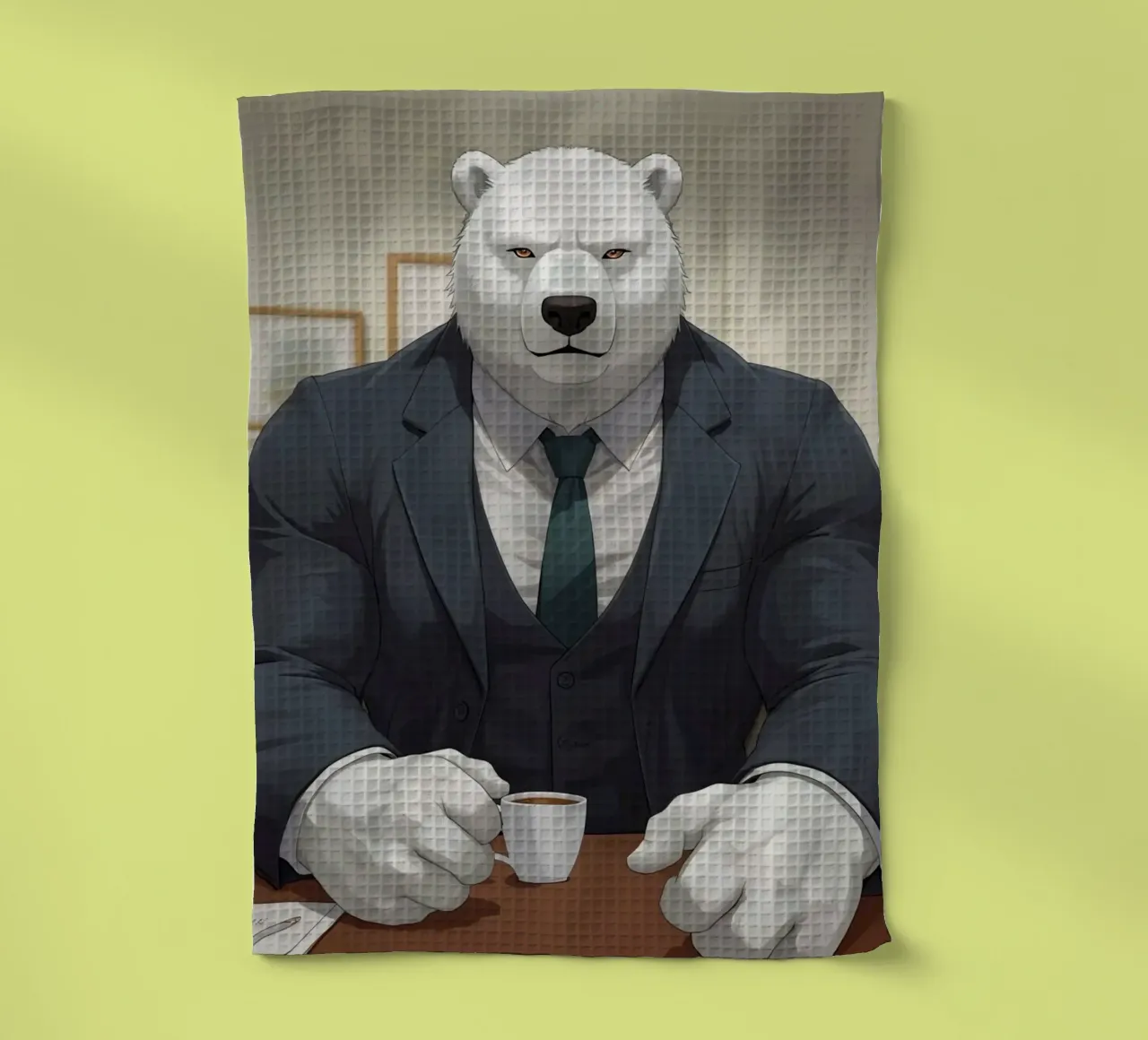 Orso polare in tuta con caffè canovaccio da cucina da DesignDoodle