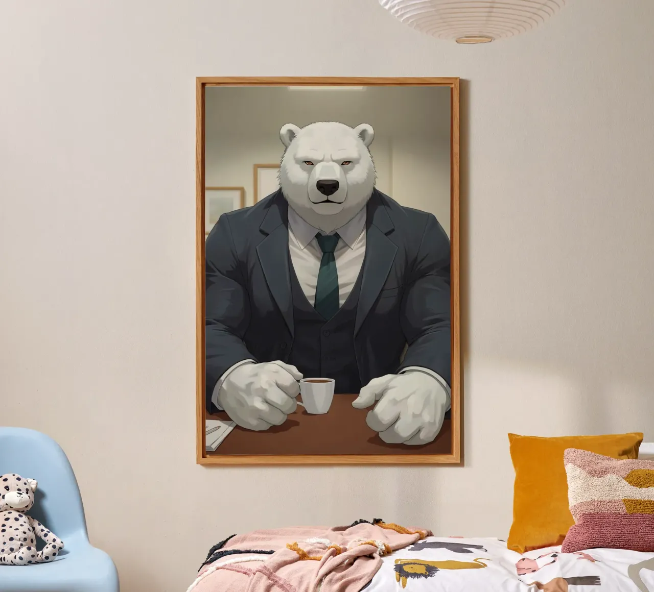 Orso polare in tuta con caffè alluminio dibond da DesignDoodle