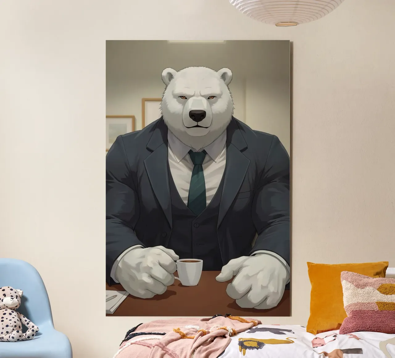 Orso polare in tuta con caffè alluminio dibond da DesignDoodle