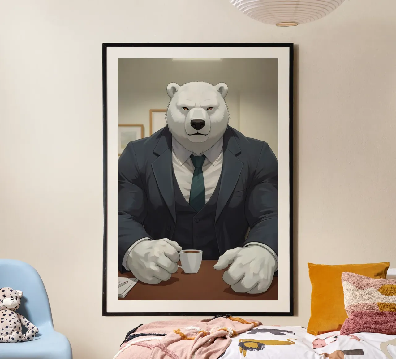 Orso polare in tuta con caffè poster da DesignDoodle