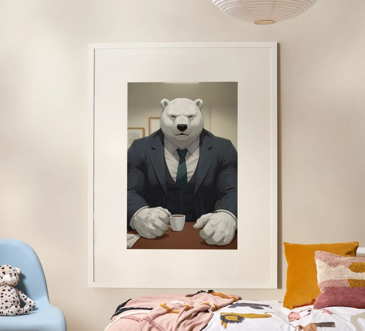 Orso polare in tuta con caffè poster da DesignDoodle
