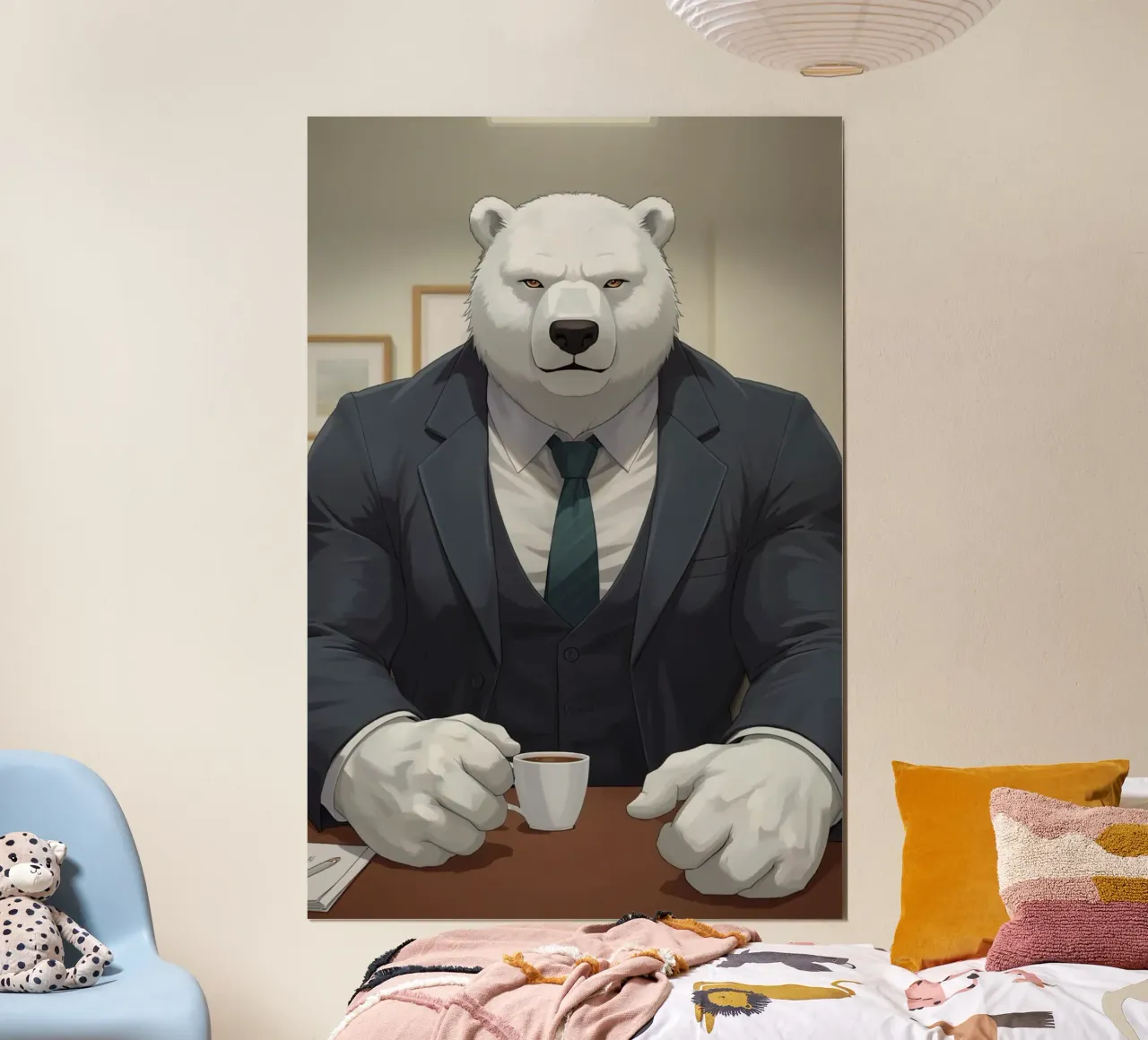 Orso polare in tuta con caffè poster da DesignDoodle