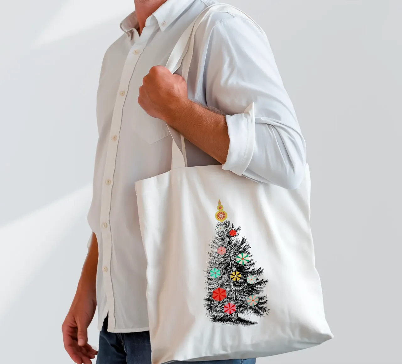 Albero di Natale retrò con ornamenti di caramelle borsa in juta da showmemars
