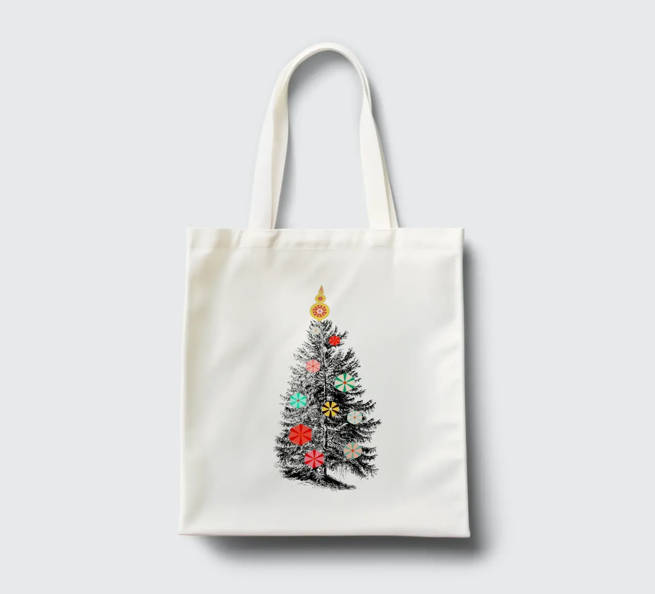 Albero di Natale retrò con ornamenti di caramelle borsa in juta da showmemars