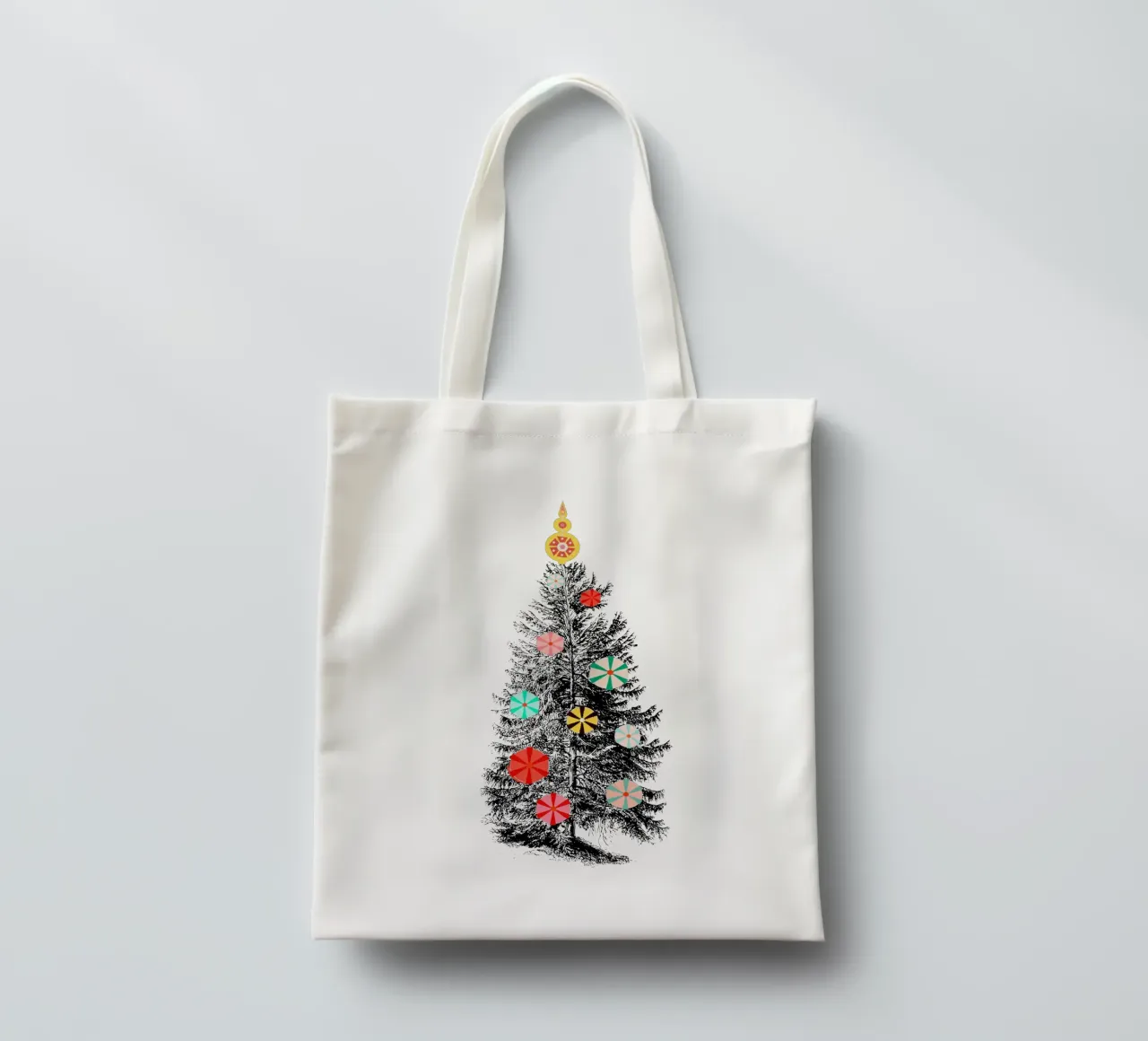 Albero di Natale retrò con ornamenti di caramelle borsa in juta da showmemars