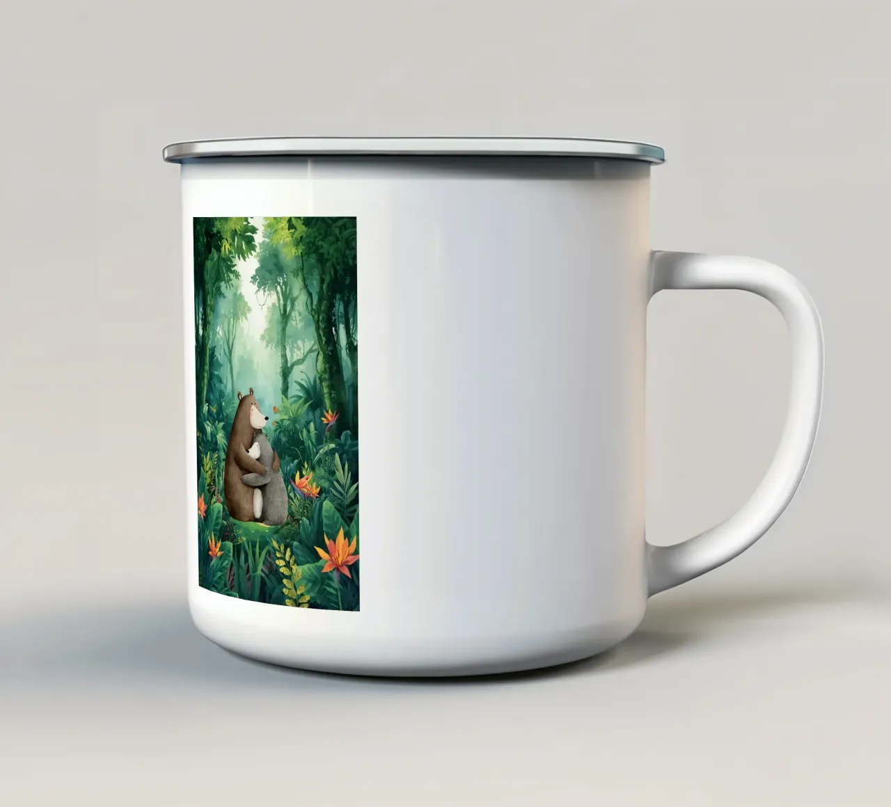 Mutter Bär Umarmung in Wild Wonderland Emaille Tasse von Doodle Dreams Art