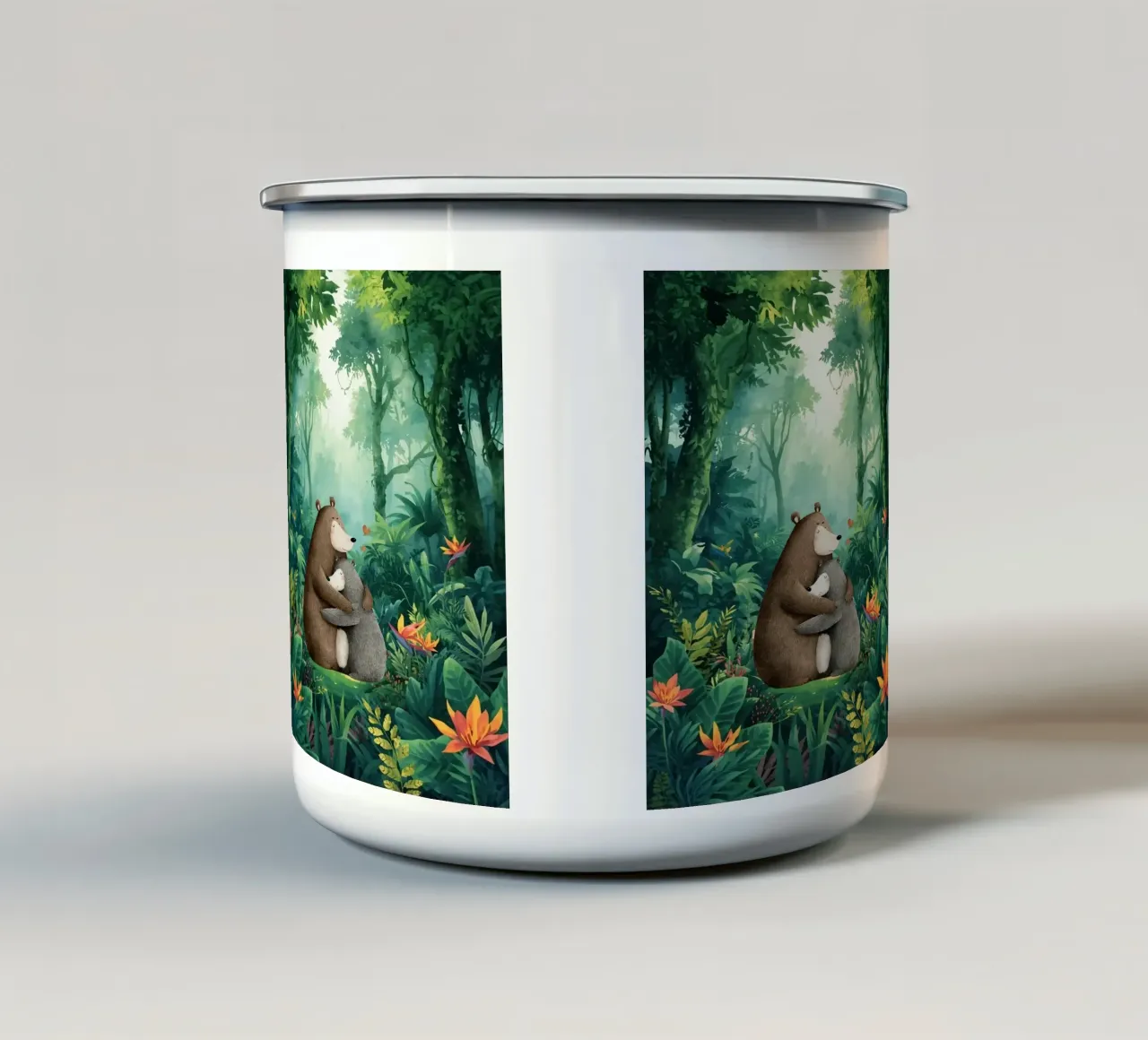 Mutter Bär Umarmung in Wild Wonderland Emaille Tasse von Doodle Dreams Art