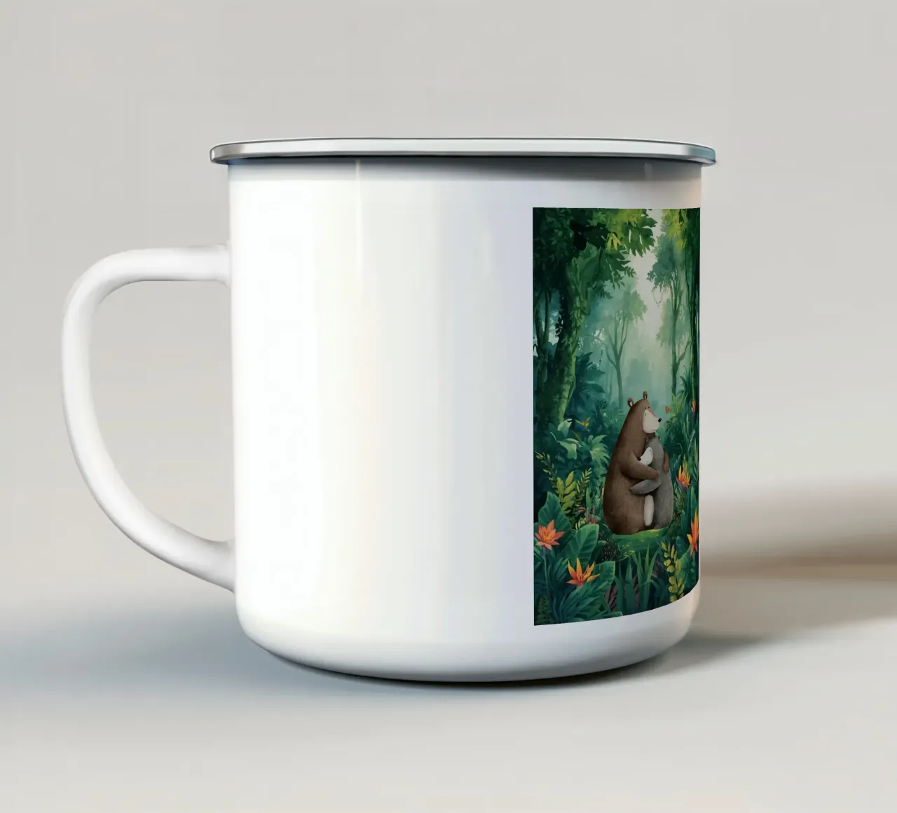 Mutter Bär Umarmung in Wild Wonderland Emaille Tasse von Doodle Dreams Art