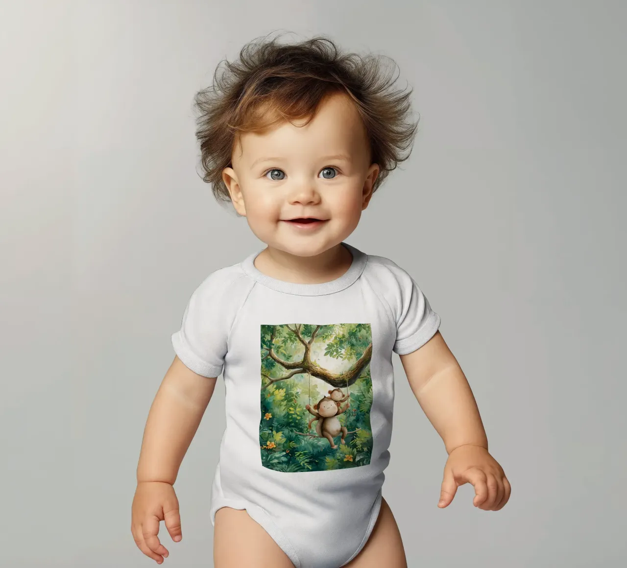 Speelse apenvrienden in regenwoud babyrompertje korte mouwen van Doodle Dreams Art