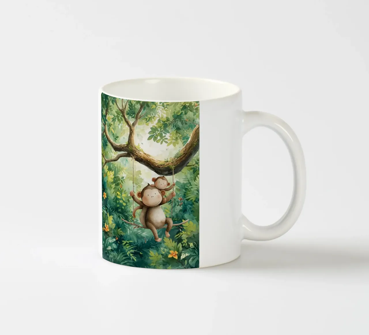 Speelse apenvrienden in regenwoud keramische mok van Doodle Dreams Art