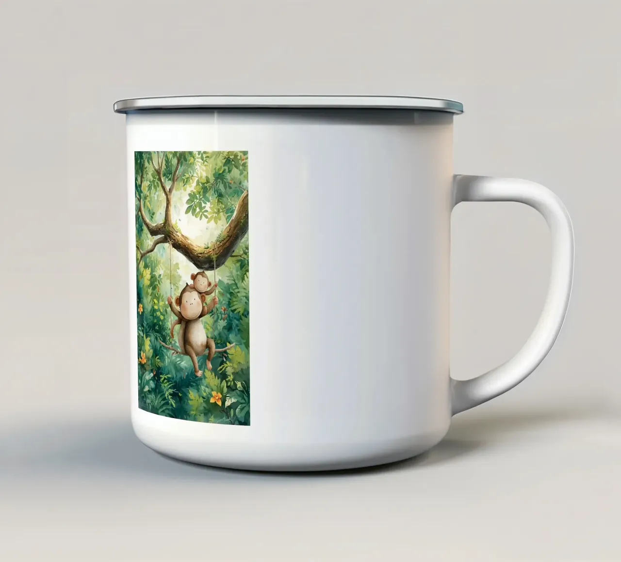 Speelse apenvrienden in regenwoud emaille mok van Doodle Dreams Art