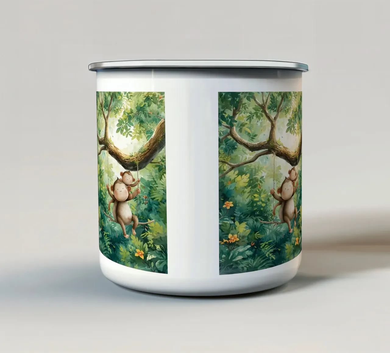 Speelse apenvrienden in regenwoud emaille mok van Doodle Dreams Art