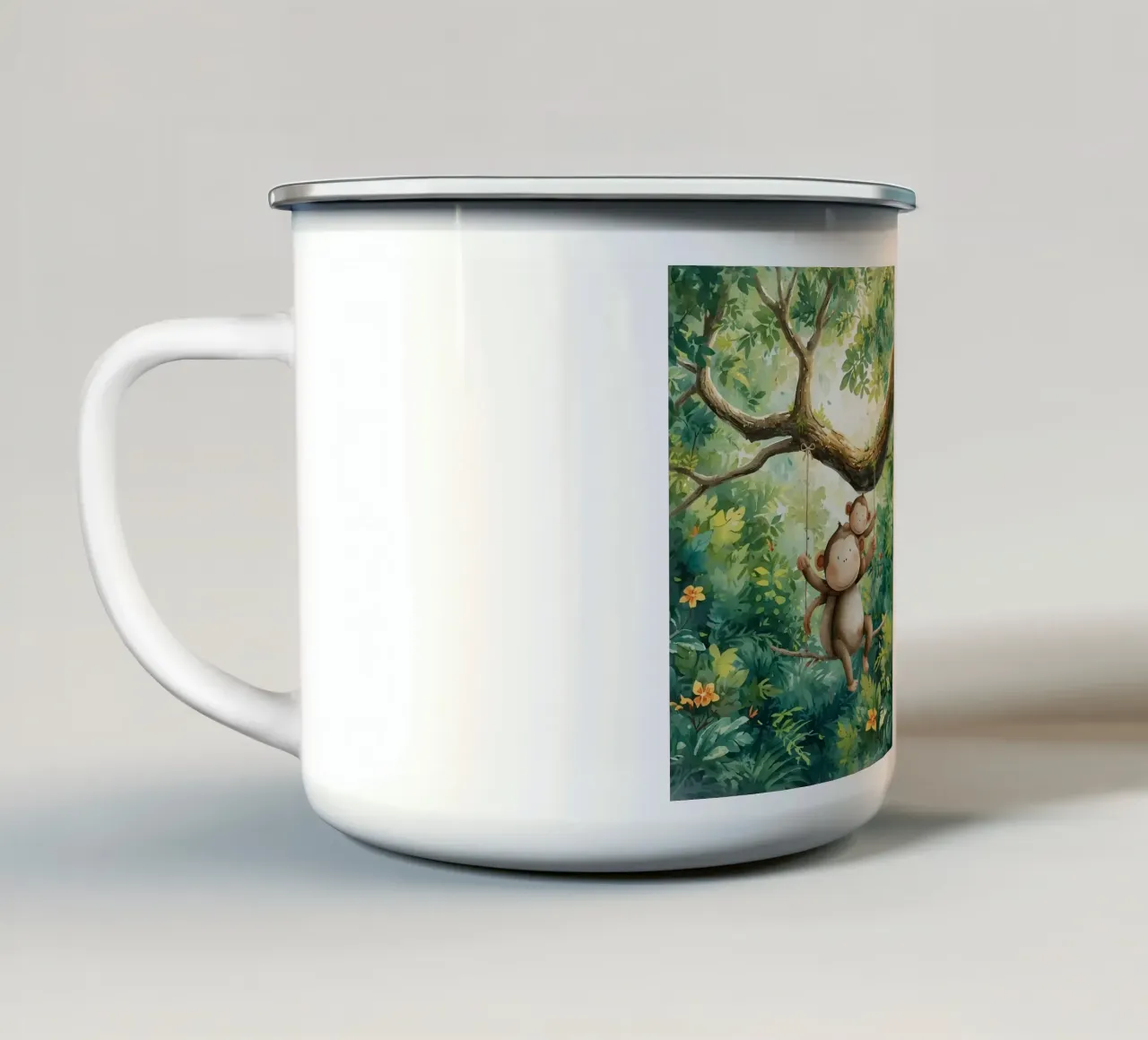 Speelse apenvrienden in regenwoud emaille mok van Doodle Dreams Art