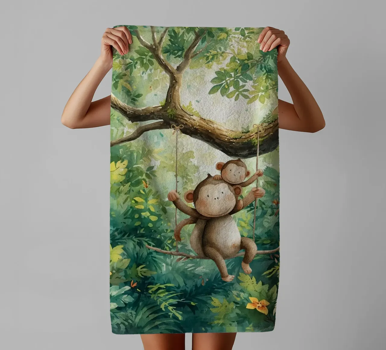 Speelse apenvrienden in regenwoud badhanddoek van Doodle Dreams Art