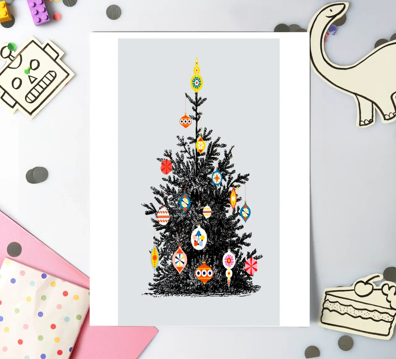 Retro Christmas Tree With Colorful Ornaments foglio adesivo da showmemars