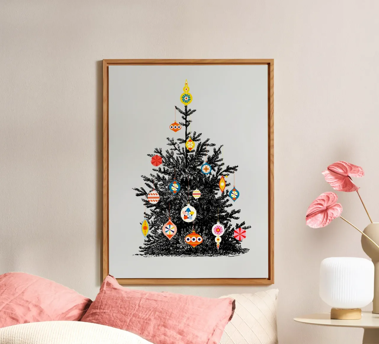 Retro Christmas Tree With Colorful Ornaments pannello forex da showmemars