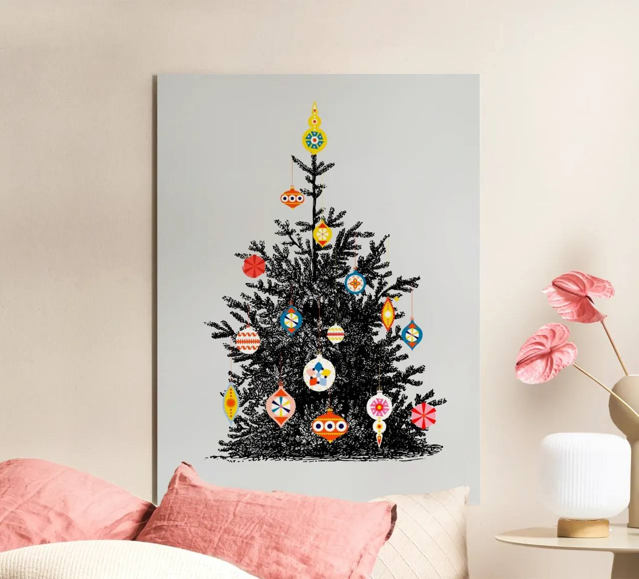 Retro Christmas Tree With Colorful Ornaments pannello forex da showmemars