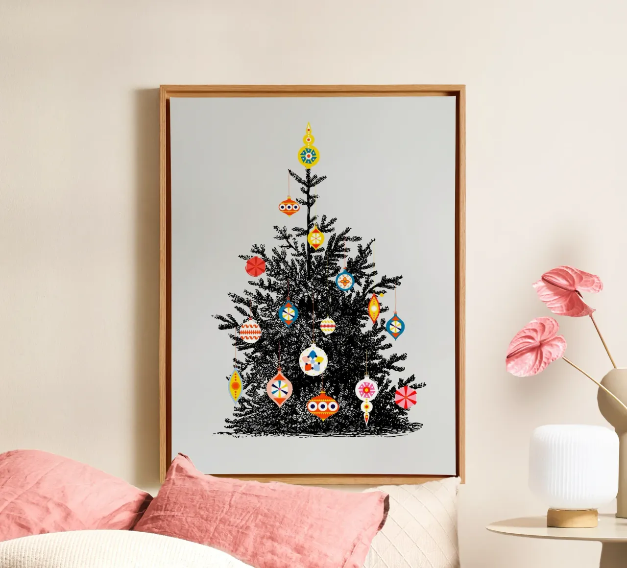 Retro Christmas Tree With Colorful Ornaments canvas by showmemars