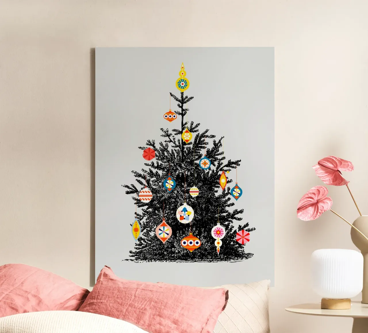Retro Christmas Tree With Colorful Ornaments canvas by showmemars