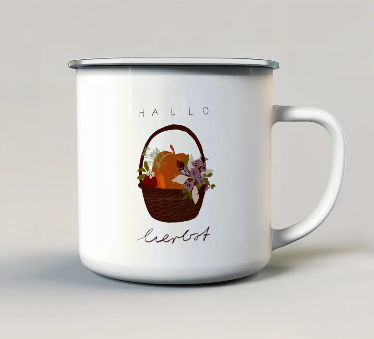Hallo Herbst Erntedank Korb tazza in smalto da Sophie Augustin Illustration