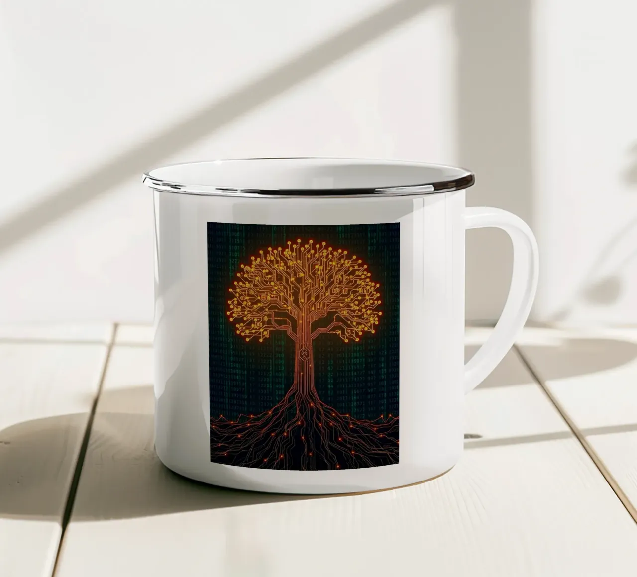 Le radici digitali della vita: Un albero di circuiti luminosi tazza in smalto da Artistic-shop