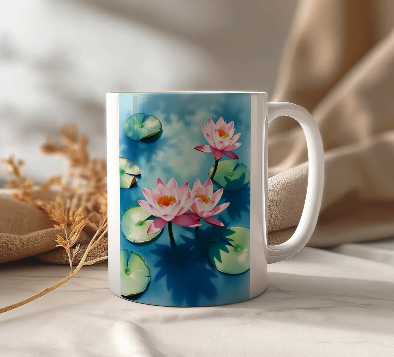 Serene ninfee rosa su uno stagno blu tazza in ceramica da Artistic-shop