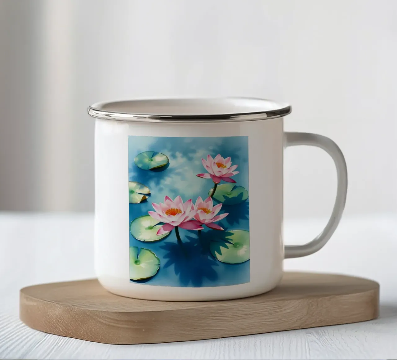 Serene ninfee rosa su uno stagno blu tazza in smalto da Artistic-shop