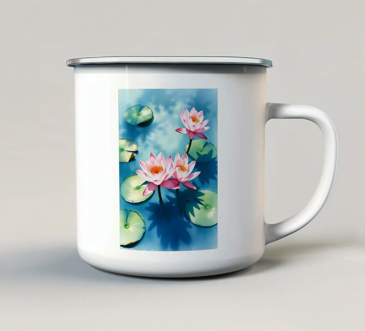 Serene ninfee rosa su uno stagno blu tazza in smalto da Artistic-shop