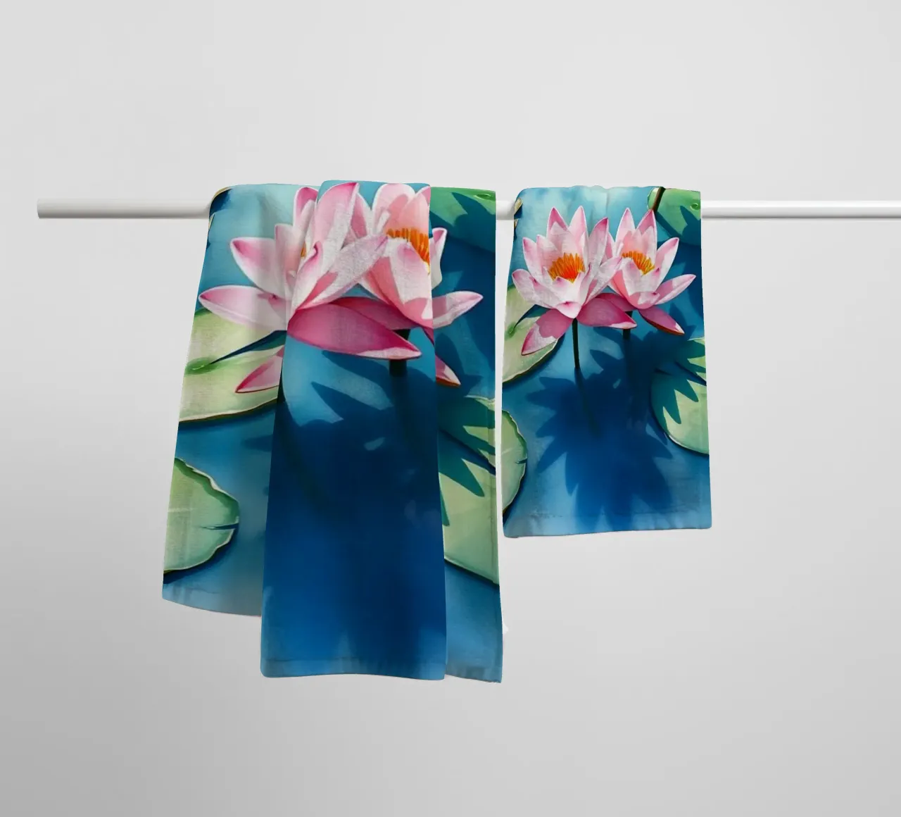 Serene ninfee rosa su uno stagno blu asciugamano da bagno da Artistic-shop