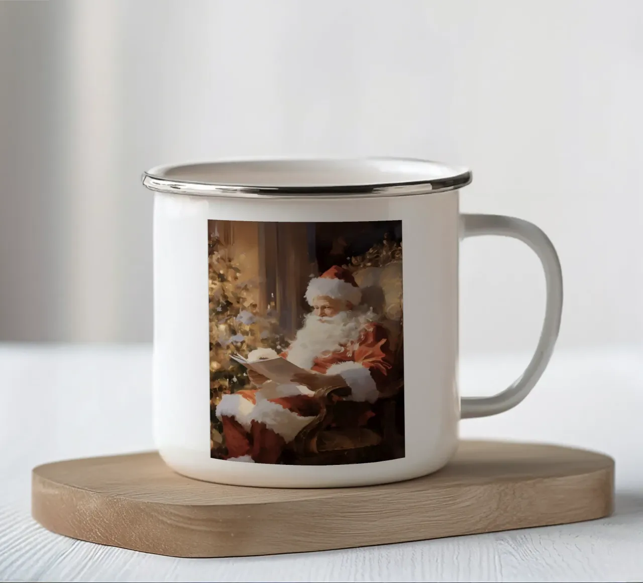 Kerstman leest kerstlijstje kunstdruk emaille mok van Studio Vibe