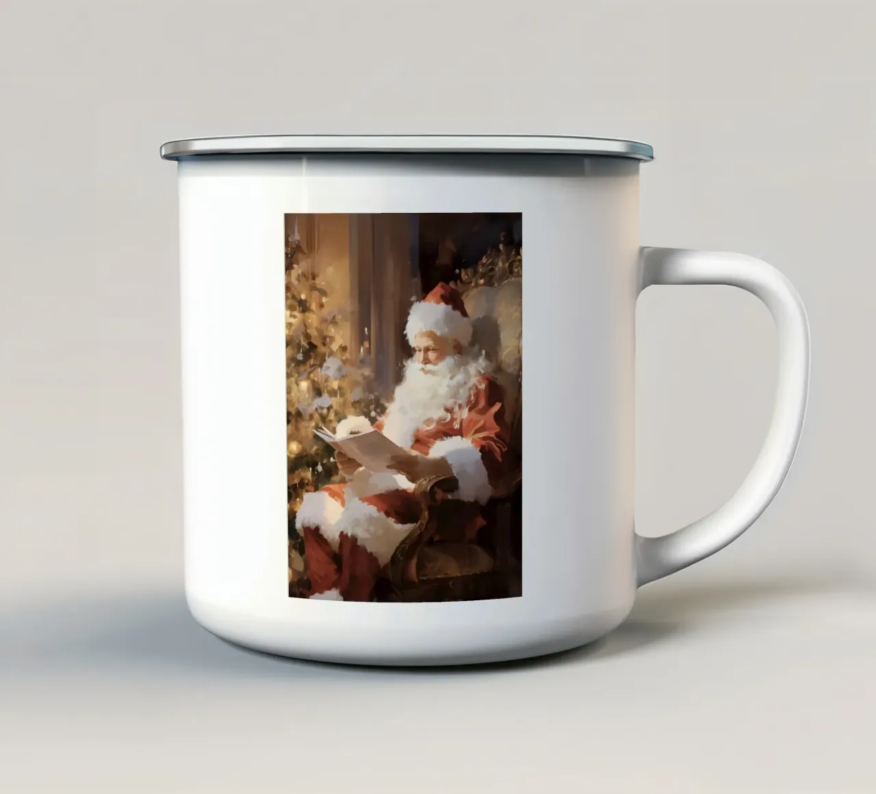 Kerstman leest kerstlijstje kunstdruk emaille mok van Studio Vibe